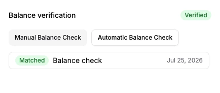 The Breezing balance verification panel: a wallet marked Verified, with manual and automatic balance check tabs and a balance check that matched on Jul 25, 2026