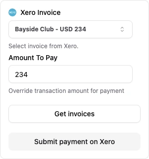 The Breezing payment panel: a Xero invoice selected for Bayside Club at USD 234, an amount to pay, and a button to submit the payment on Xero
